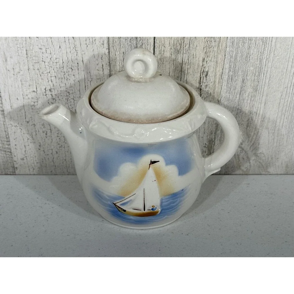 Porcelier‎ Vintage Porcelain Teapot Sailboat Nautical Beach Coastal Made in USA